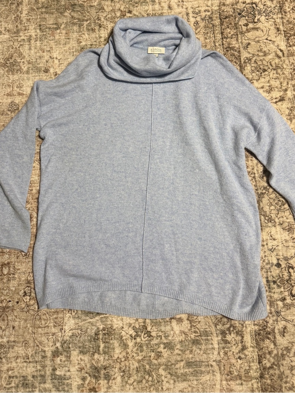 Kinross 100% Cashmere Cowl Neck Sweater Front Seam Light Blue Quiet Luxury